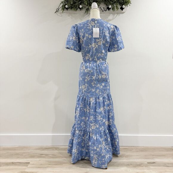 Wayf Blue Floral Tiered Puff Sleeve Boho Maxi Dress Cut Out Sides NEW large - Picture 2 of 6